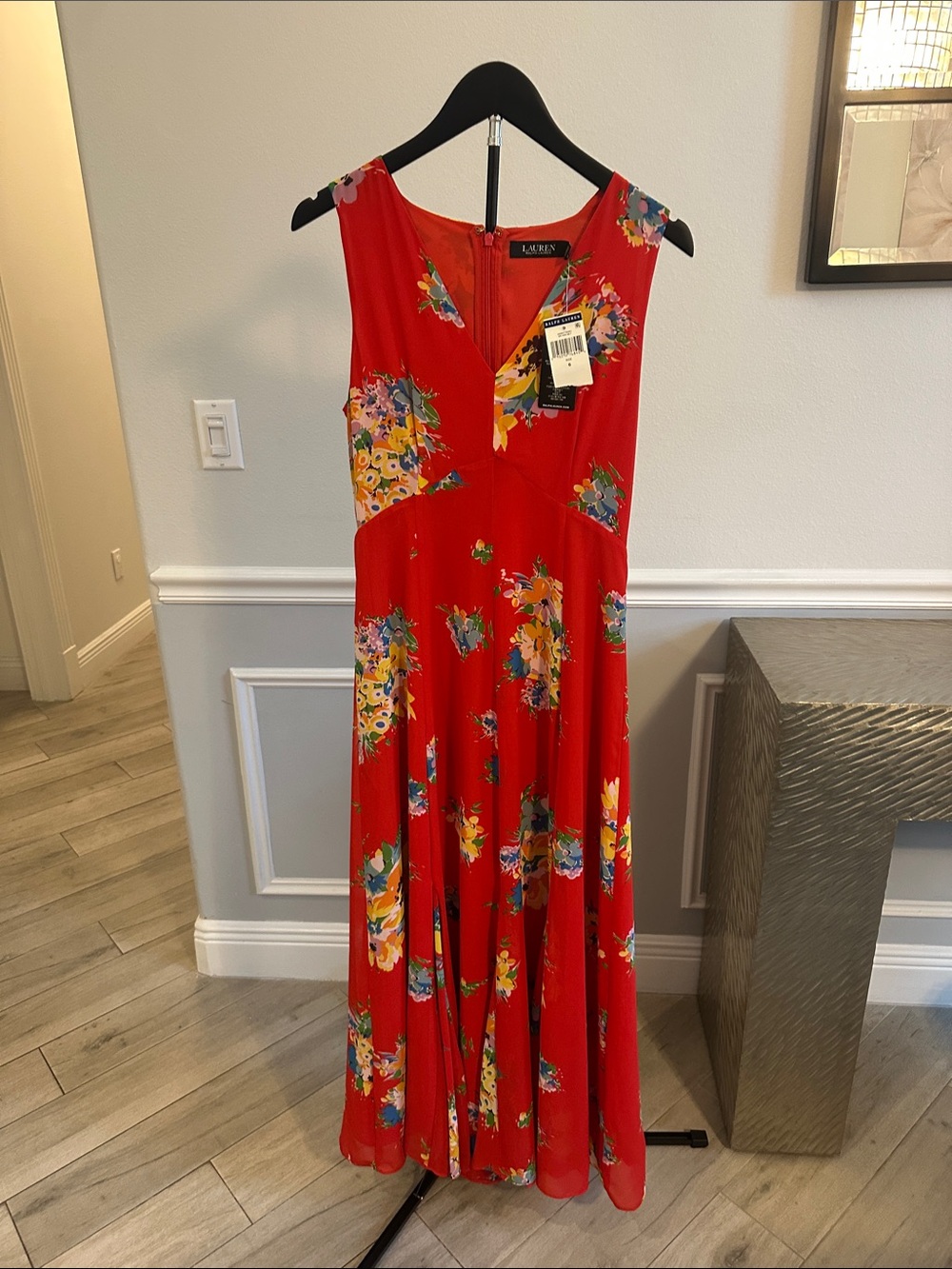 Lauren Ralph Lauren Red Floral Sleeveless V-Neck Maxi Dress
